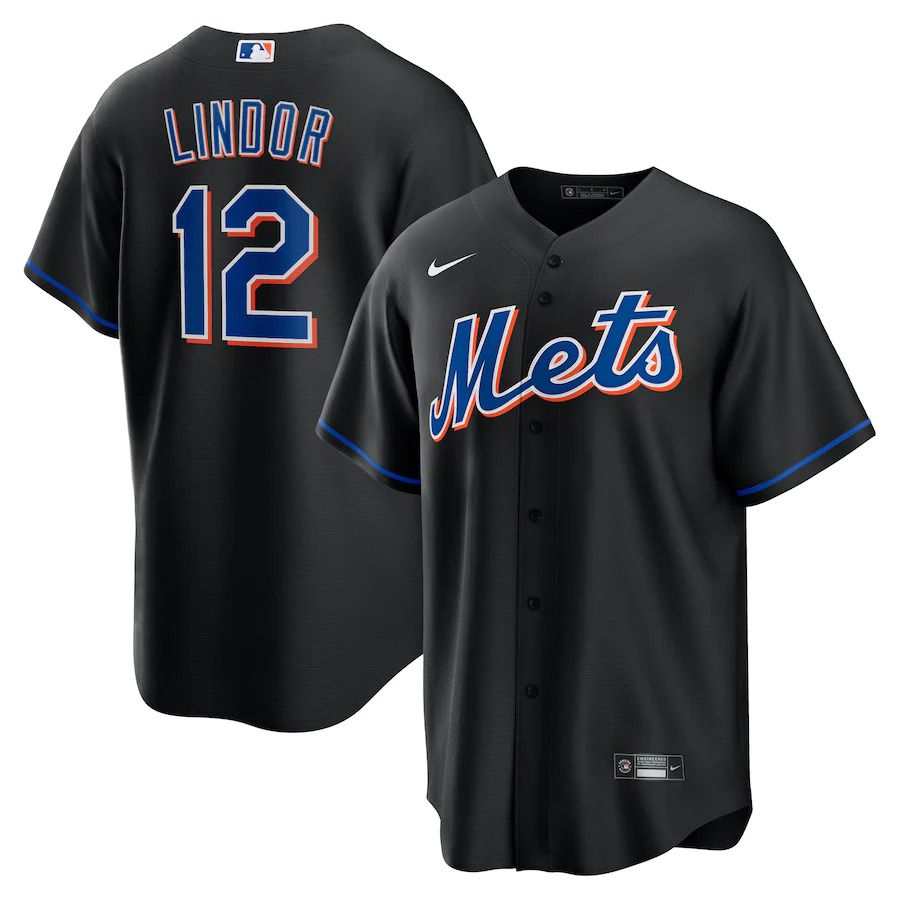 Custom Men New York Mets 12 Francisco Lindor Nike Black 2022 Alternate Replica Player MLB Jersey